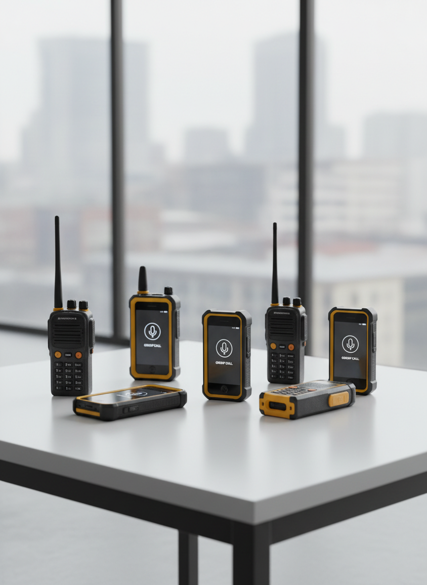 An array of different Motorola WAVE-compatible radios and LTE devices arranged on a minimalist matte white table, each device angled slightly to reveal push-to-talk buttons, rugged housings, and clear displays with group call icons. In the background, a large frosted glass window reveals an abstract, out-of-focus cityscape, hinting at nationwide reach without distraction. Soft, even daylight floods the scene, reducing harsh shadows and emphasizing product contours. The camera captures a slightly elevated, three-quarter perspective, maintaining sharp focus across all products. The atmosphere is clean, modern, and professional, with photographic realism highlighting diversity of hardware for various industries while staying consistent with a unified WAVE ecosystem.