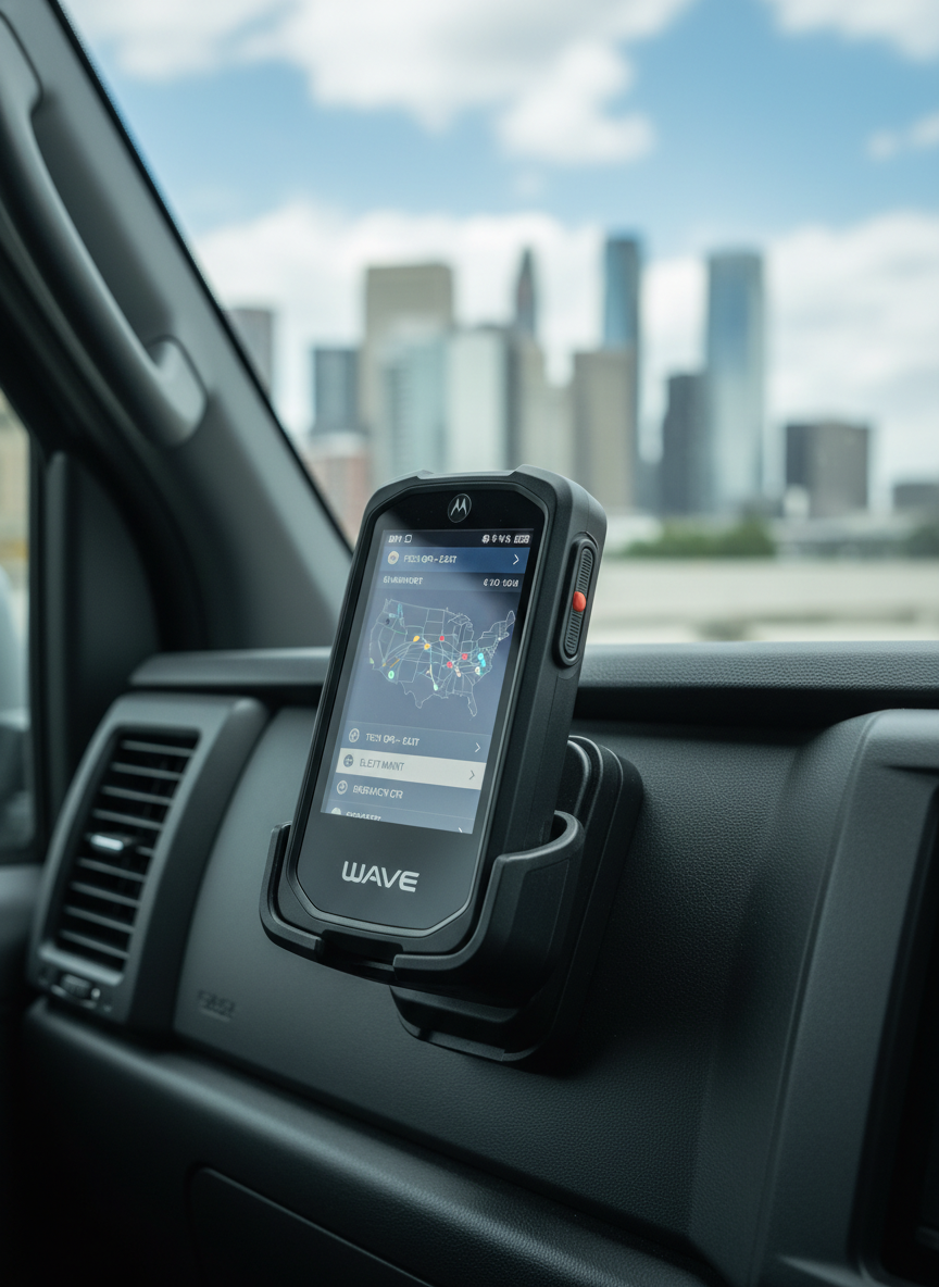 A rugged Motorola WAVE push-to-talk LTE device mounted securely on the textured dashboard of a modern service vehicle, its bright color screen showing a clear nationwide coverage map and active group channels. Outside the windshield, a sharp but slightly blurred city skyline suggests broad operational reach. Cool, diffused daylight enters from the side, creating soft reflections on the device’s matte black housing and rubberized side grips. Photographic realism, shot at a slight three-quarter angle with shallow depth of field, emphasizing the device’s details while keeping the environment subtly present. The mood is professional, reliable, and technology-forward, illustrating nationwide PTT connectivity in a clean, modern composition.