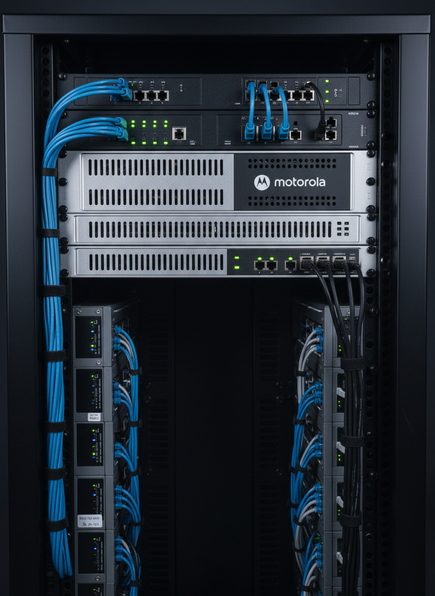 A close-up, photographic view of a Motorola WAVE gateway and network equipment neatly installed in a sleek, modern telecom rack. The hardware’s brushed metal surfaces, precise ventilation slots, and illuminated status LEDs in green and blue create a sense of active, stable connectivity. Surrounding cables are expertly managed in clean bundles against a dark, matte rack interior. Cool, controlled studio lighting from above and the side casts crisp highlights on the edges, producing subtle reflections on the metal. Shot straight-on at eye level with sharp focus throughout, the composition feels orderly, secure, and enterprise-grade, reinforcing the reliability and professionalism of a nationwide push-to-talk solution.