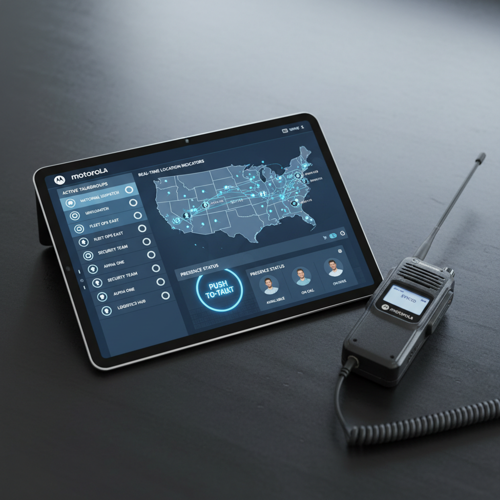 A detailed dashboard-style control interface for Motorola WAVE displayed on a slim, high-resolution tablet resting on a dark, brushed-metal desk surface. The interface shows active talkgroups, real-time location indicators, and presence status in a clear, intuitive layout with blue and grey accents. A matching WAVE radio lies beside the tablet, synced and ready. Overhead cool-white office lighting creates soft, even illumination, with gentle reflections along the tablet’s glass edge and metal frame. Photographic realism, captured from a slightly elevated, top-down angle using the rule of thirds to emphasize the interface. The mood is organized, efficient, and mission-critical, conveying professional fleet coordination across a nationwide push-to-talk network.